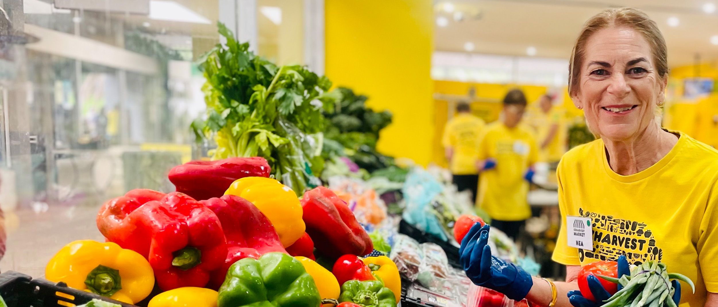 Lady in OzHarvest tshirt picking vegetables
